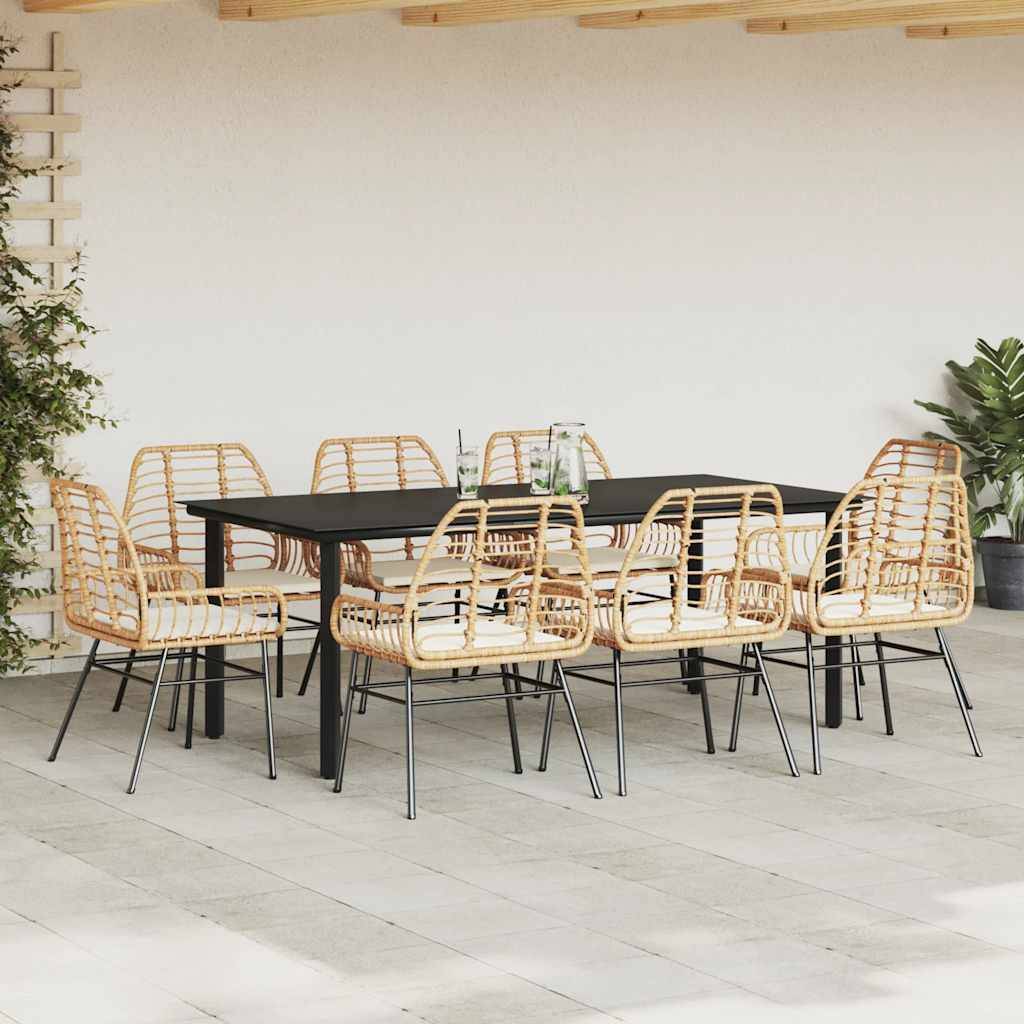 vidaXL 9-tlg. Garten-Essgruppe mit Kissen Braun Poly Rattan Glas