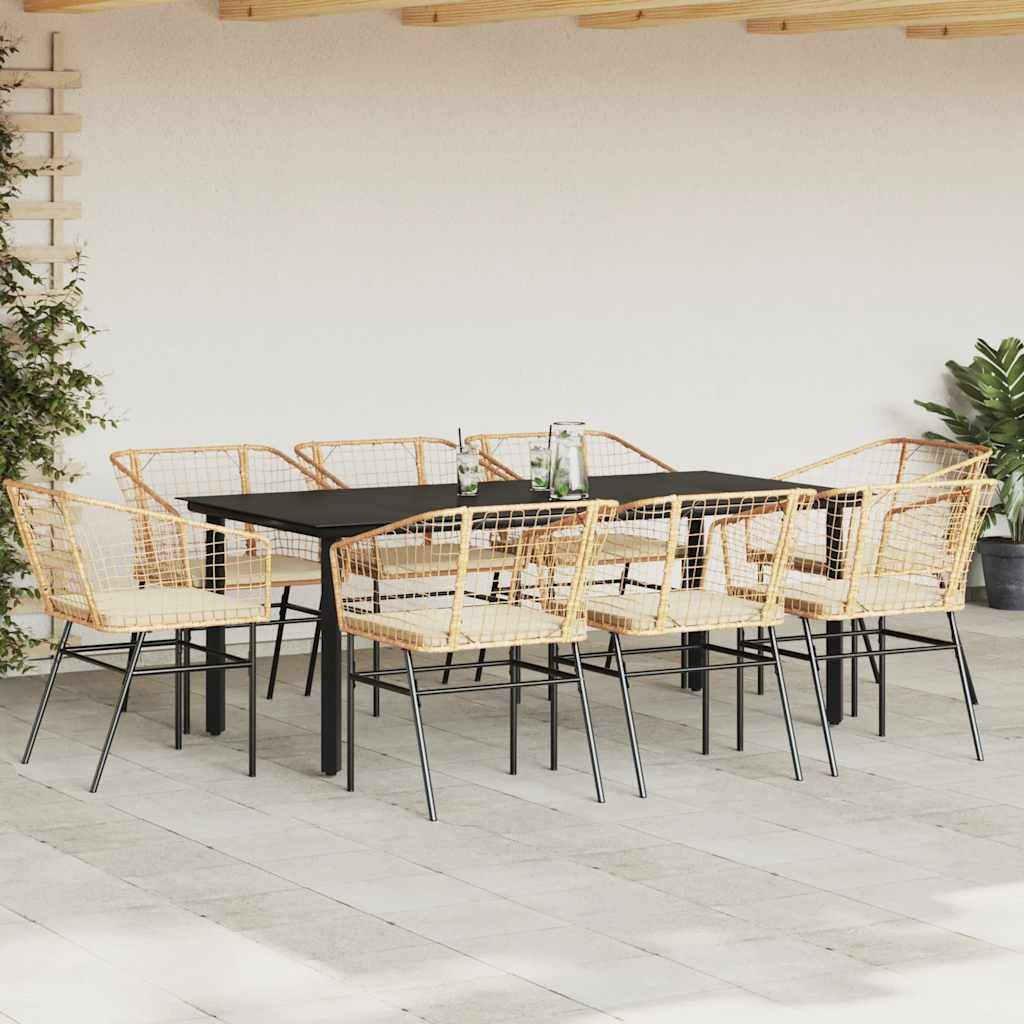vidaXL 9-tlg. Garten-Essgruppe mit Kissen Braun Poly Rattan Glas