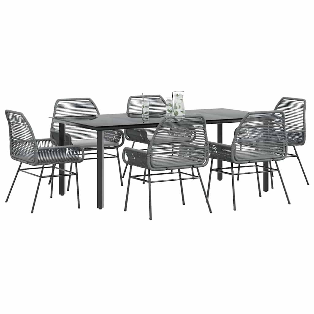 vidaXL 7-tlg. Garten-Essgruppe mit Kissen Grau Poly Rattan Glas