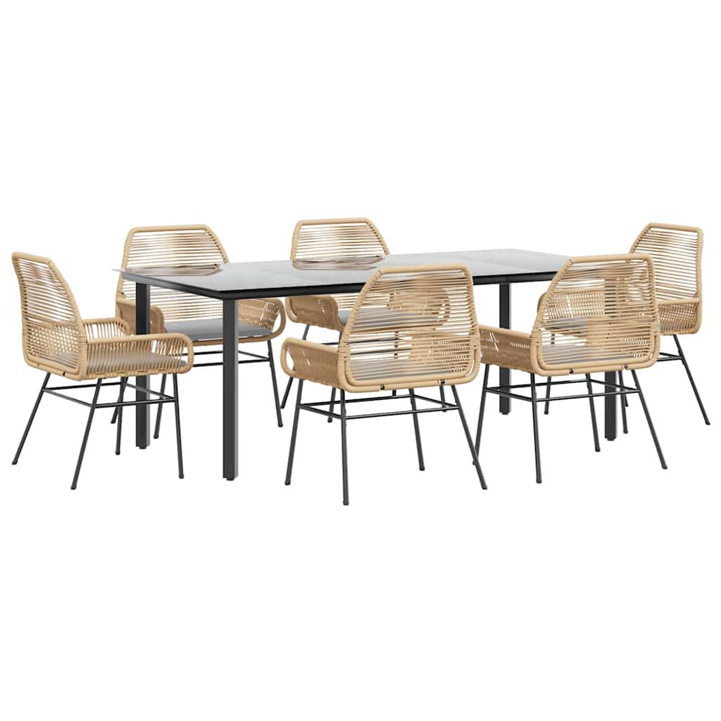 vidaXL 7-tlg. Garten-Essgruppe mit Kissen Braun Poly Rattan Glas