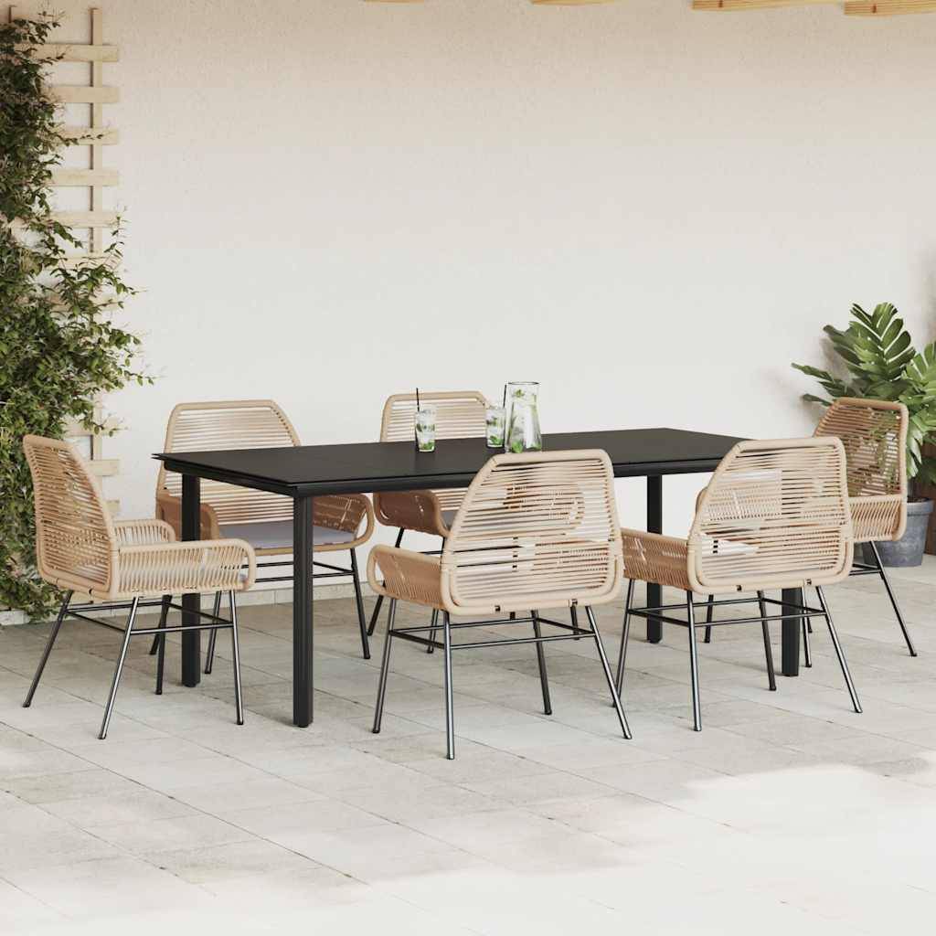 vidaXL 7-tlg. Garten-Essgruppe mit Kissen Braun Poly Rattan Glas