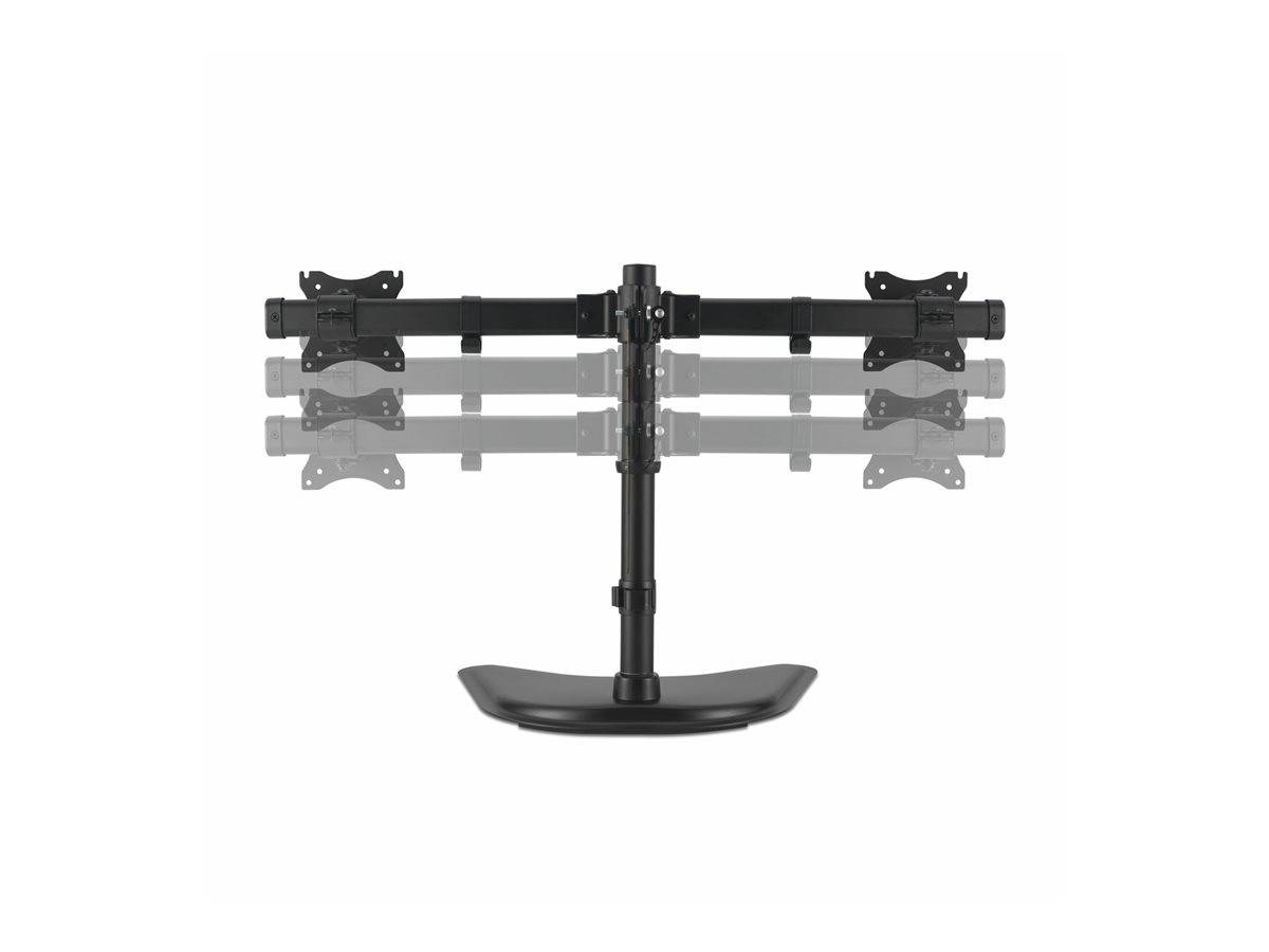 Ein schwarzer Dual-Monitorständer mit verstellbaren Armen zum seitlichen Nebeneinandermontieren von zwei Bildschirmen, der auf einer Basis befestigt ist.