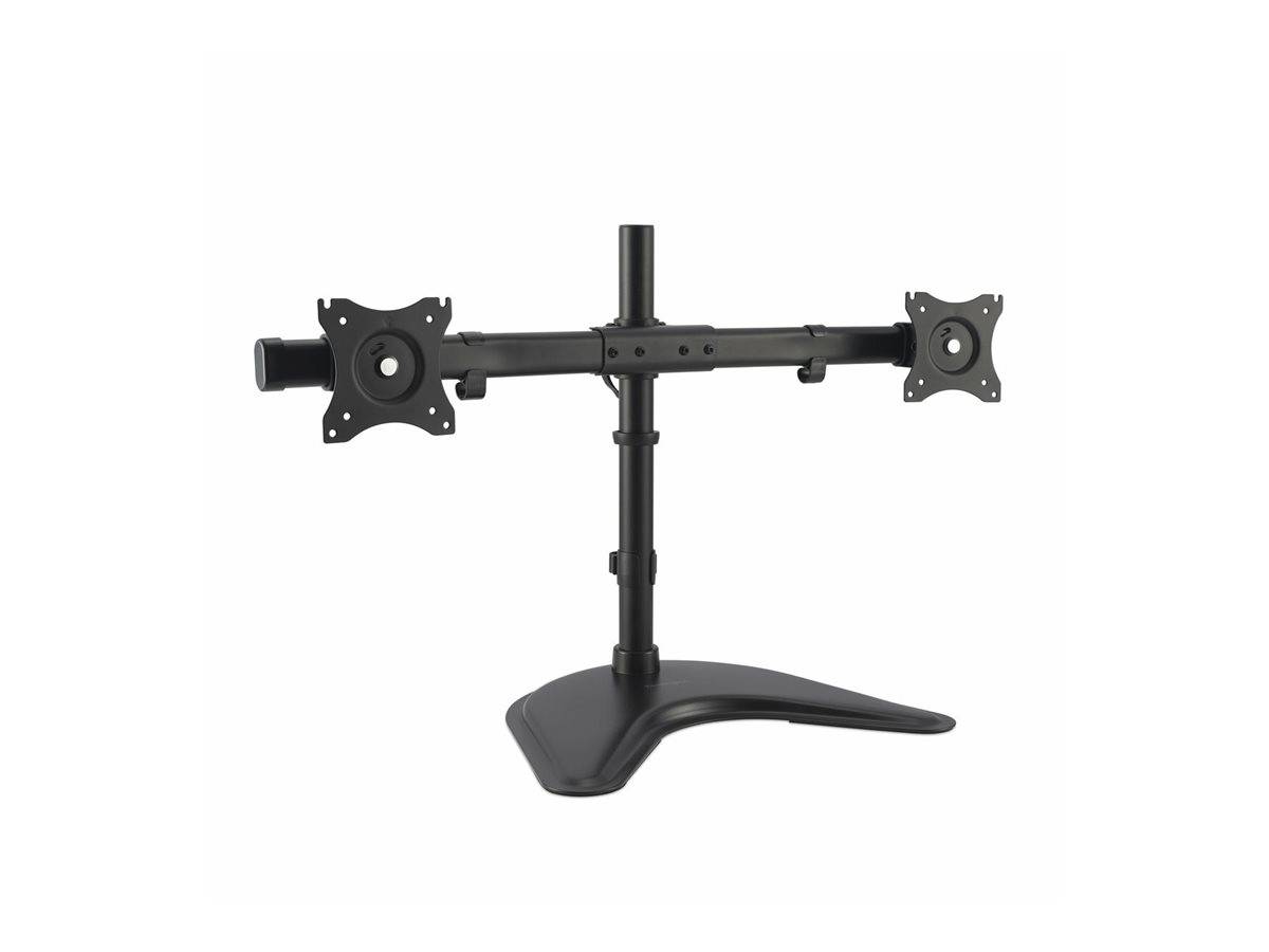 Ein schwarzer Dual-Monitorständer mit verstellbarer Höhe und schwenkbaren Halterungen auf einer stabilen Basis.