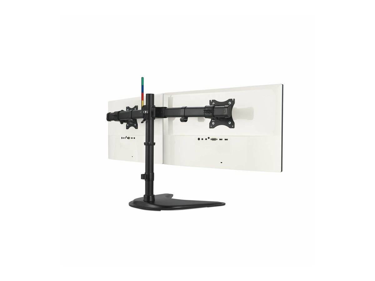 Dualer Monitorständer in Schwarz, der zwei Bildschirme nebeneinander von hinten stützt. Einfaches, robustes Design für die Organisation des Arbeitsplatzes.
