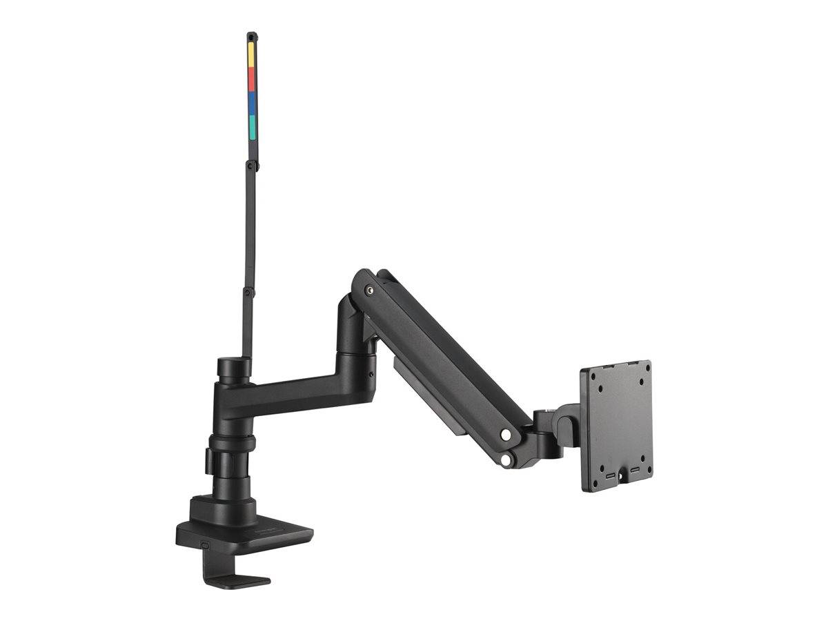 Monitorarm mit einer gegliederten schwarzen Konstruktion, verstellbare Höhe und einem bunten vertikalen Indikator an der Spitze, konzipiert für ergonomische Arbeitsplatzeinrichtungen.