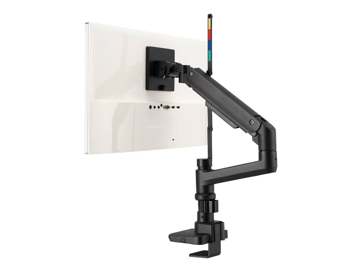 Ein schwarzer, verstellbarer Monitorarm, der einen Flachbildschirm von hinten hält und seinen Montagebügel sowie sein Kabelmanagementsystem präsentiert.