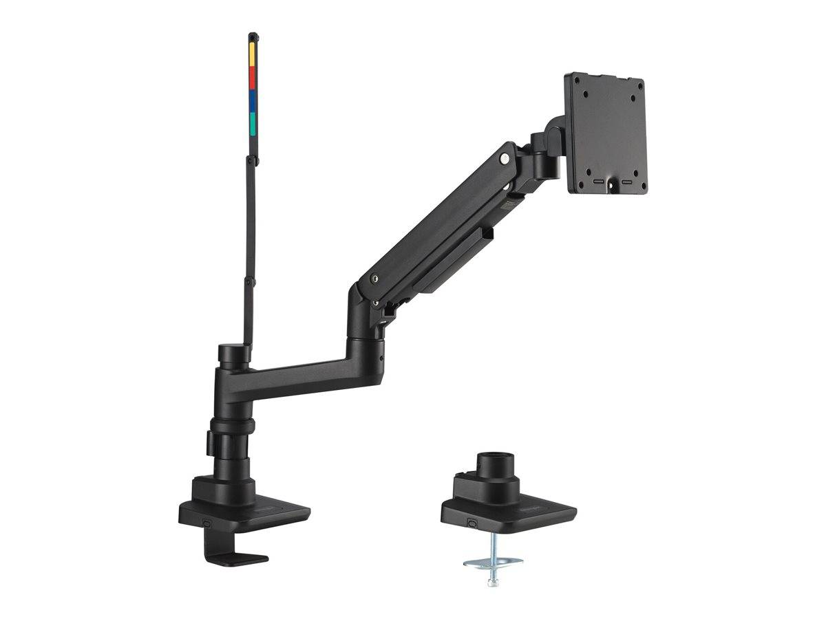 Ein schwarzer, verstellbarer Monitorarm mit farbigen Indikatoren, entwickelt zum Befestigen eines Bildschirms an einem Schreibtisch, ausgestattet mit einer robusten Klemmvorrichtung zur Unterstützung.