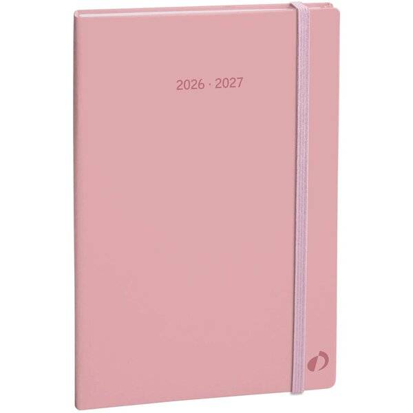 Rosa Hardcover-Planer 2026-2027 mit Gummibandverschluss und Datumstext auf dem Umschlag.
