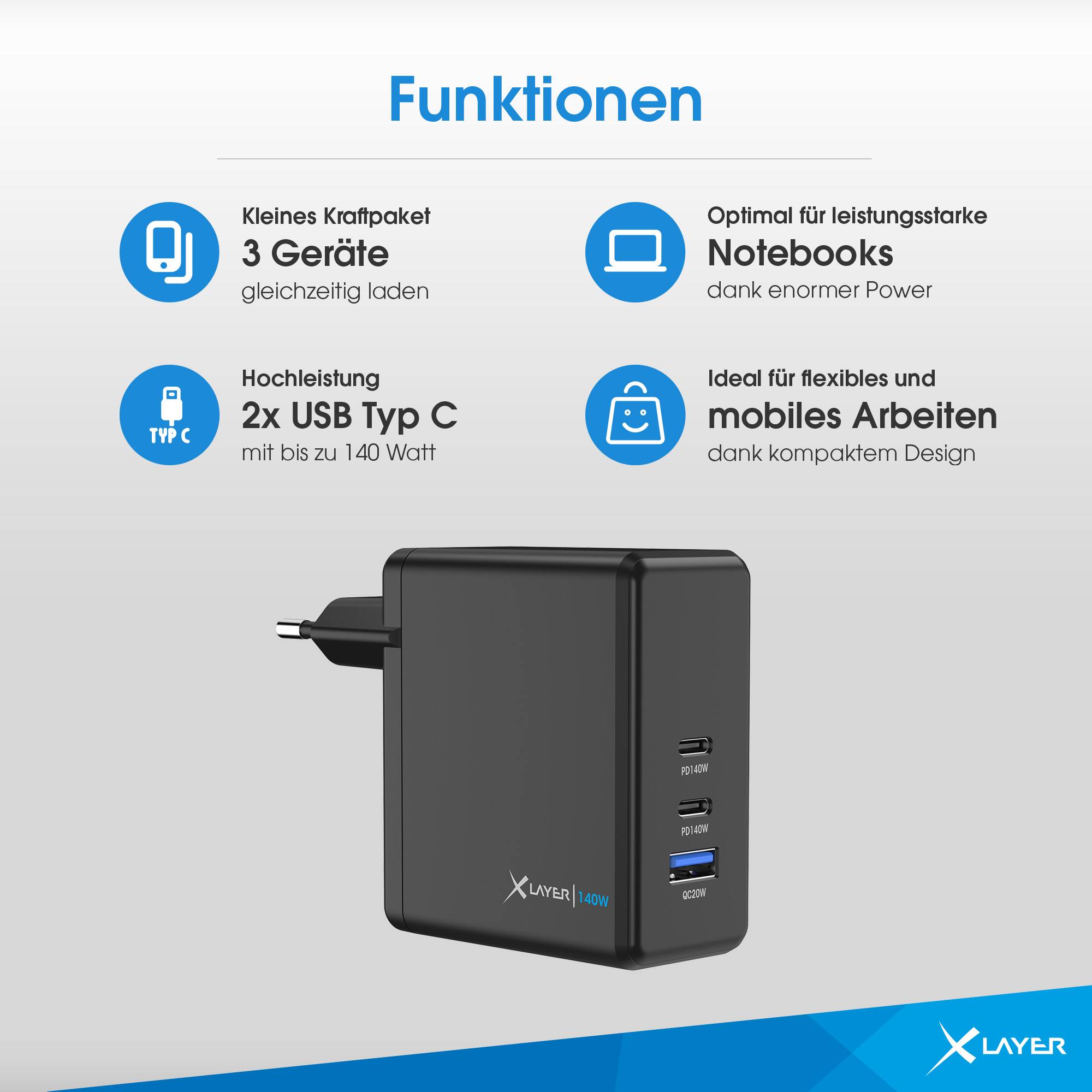 XLayer Powercharger 140W mit 2x USB Typ C & 1x USB Typ A schwarz