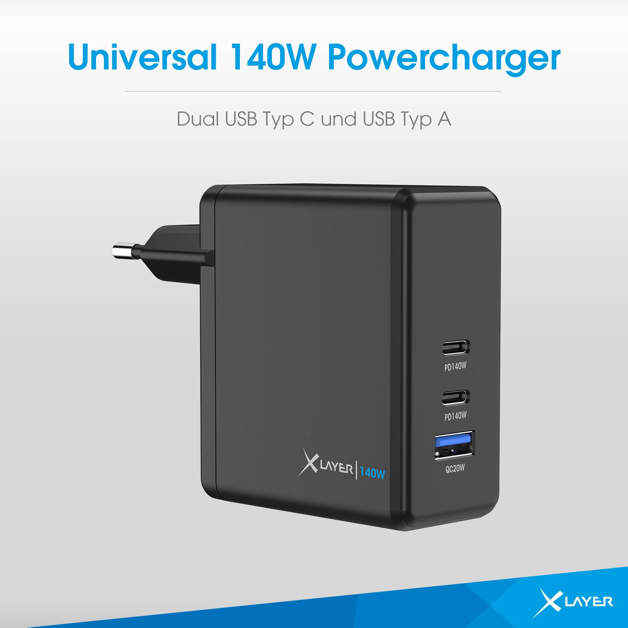XLayer Powercharger 140W mit 2x USB Typ C & 1x USB Typ A schwarz