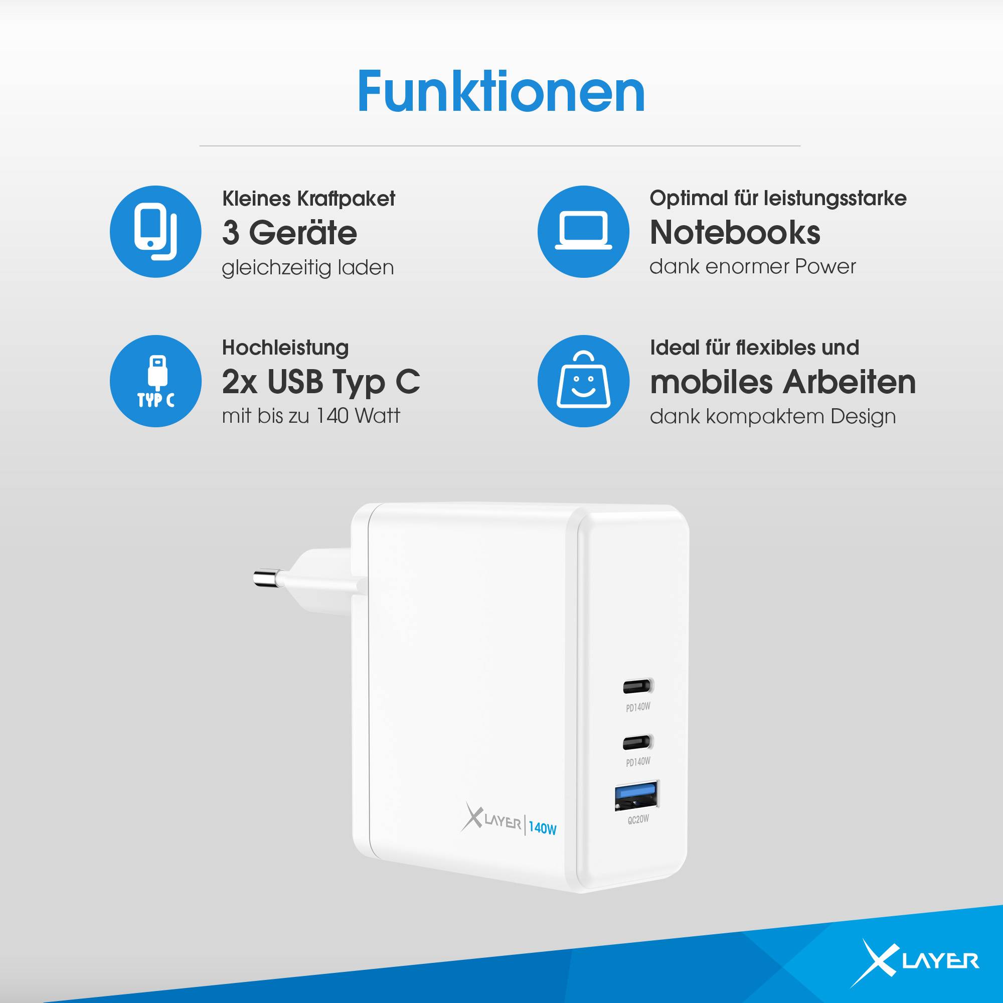 XLayer Powercharger 140W mit 2x USB Typ C & 1x USB Typ A weiß