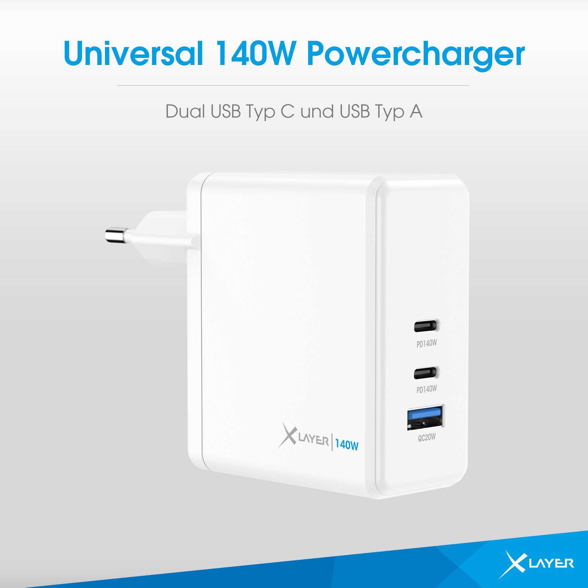 XLayer Powercharger 140W mit 2x USB Typ C & 1x USB Typ A weiß