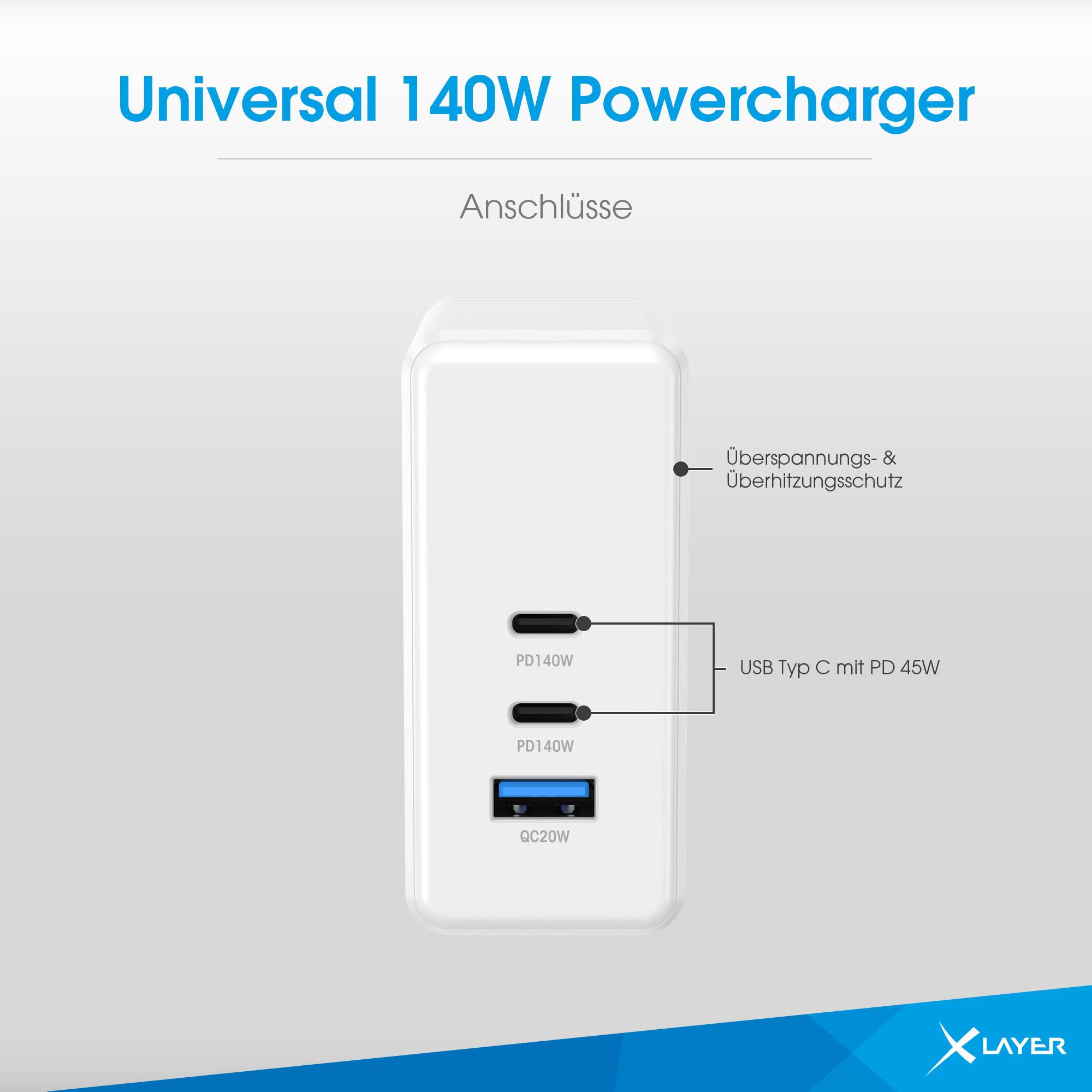 XLayer Powercharger 140W mit 2x USB Typ C & 1x USB Typ A weiß