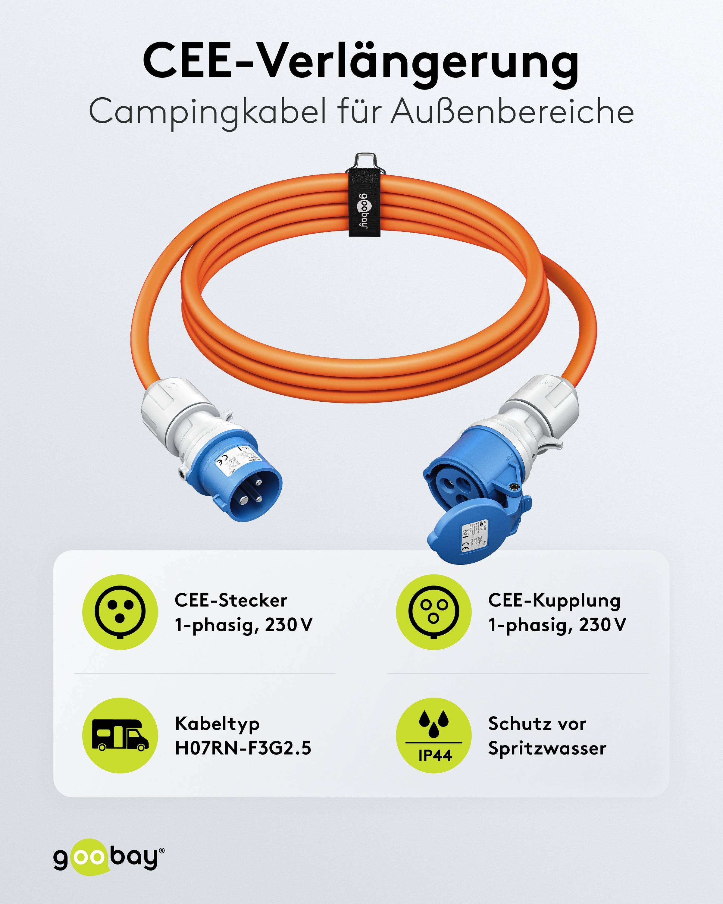 Campingkabel für den Außeneinsatz. CEE-Stecker und -Buchse, 1-phasig, 230V, H07RN-F 3G2.5 Kabeltyp. IP44 Schutz gegen Wasser.