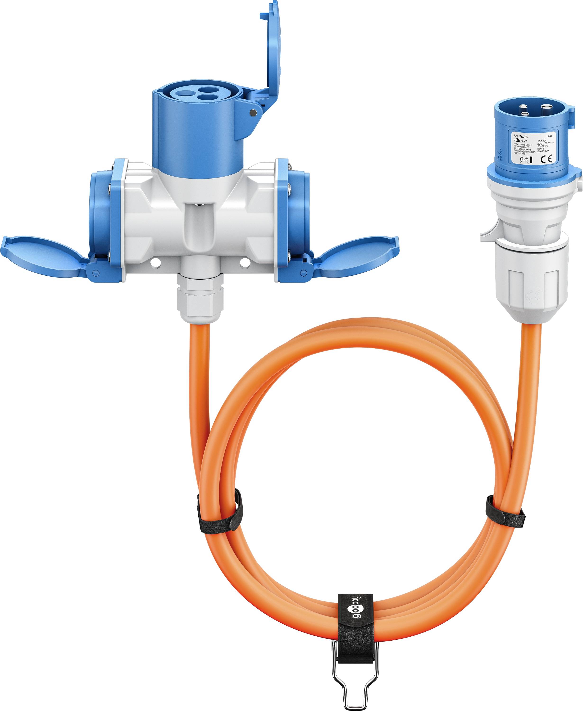 GOOBAY CEE-Adapterkabel 76265, 5 m, Stecker zu Kupplung + 2x Schutzkontaktkupplung