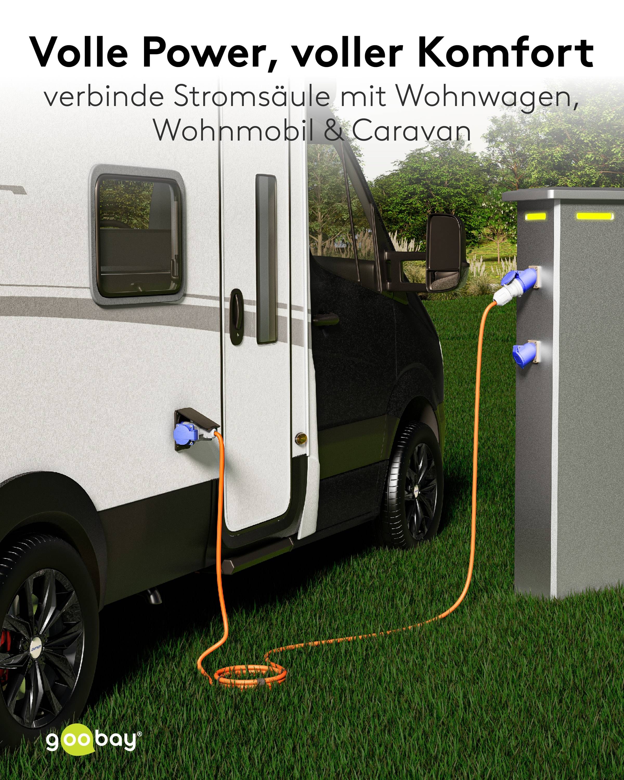 GOOBAY CEE-Adapterkabel 76266, 10 m, Stecker zu Kupplung + 2x Schutzkontaktkupplung