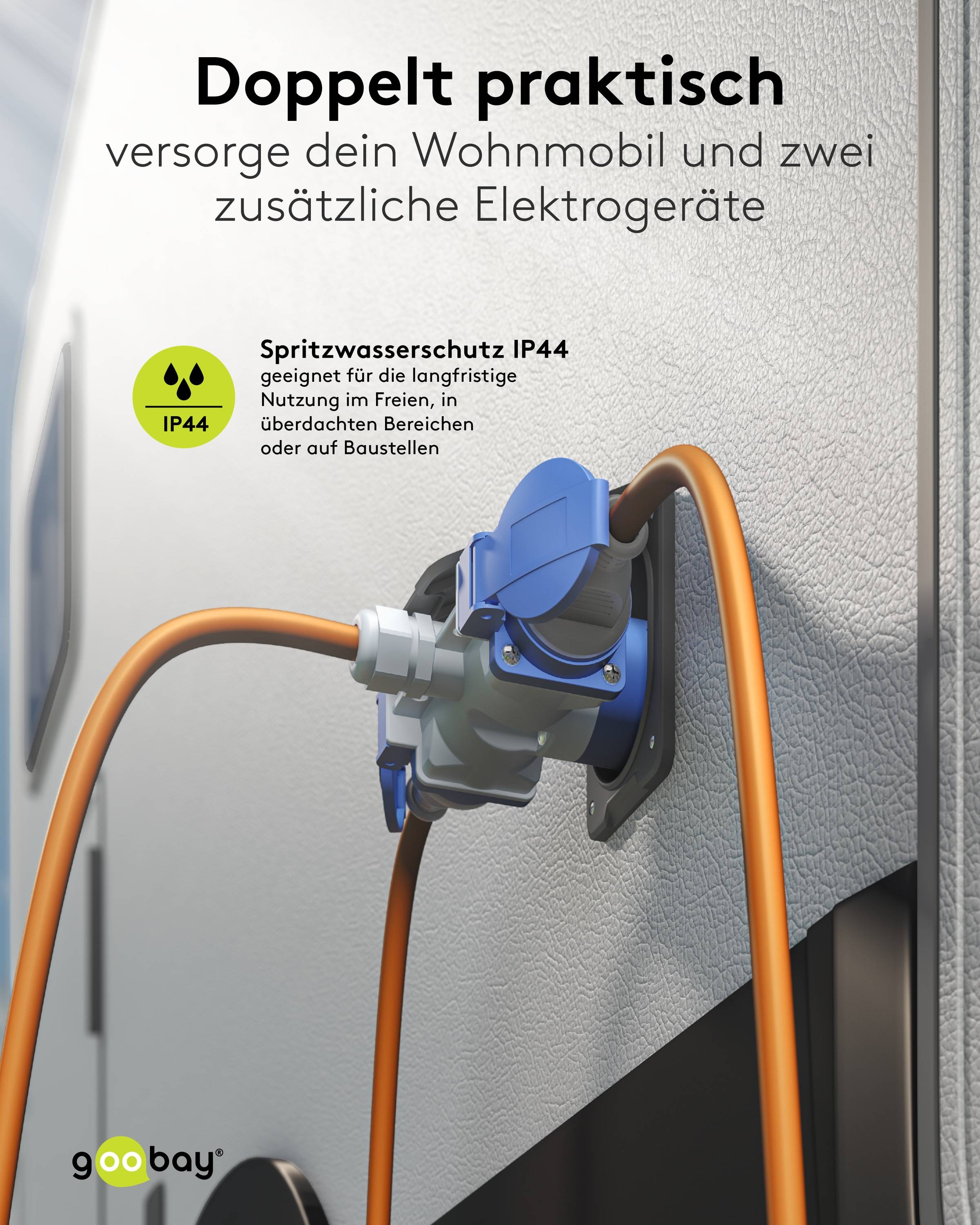 GOOBAY CEE-Adapterkabel 76265, 5 m, Stecker zu Kupplung + 2x Schutzkontaktkupplung