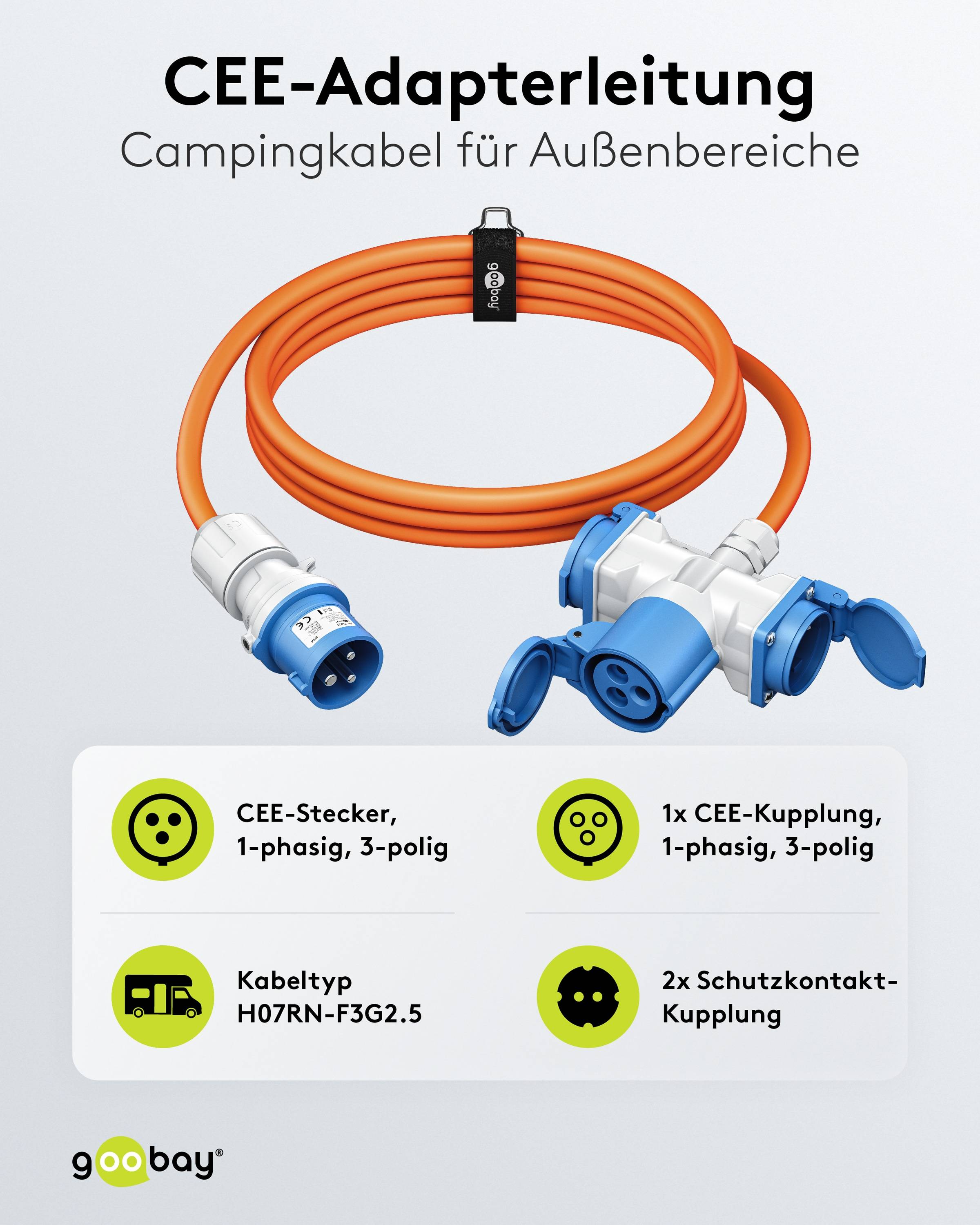 GOOBAY CEE-Adapterkabel 76265, 5 m, Stecker zu Kupplung + 2x Schutzkontaktkupplung
