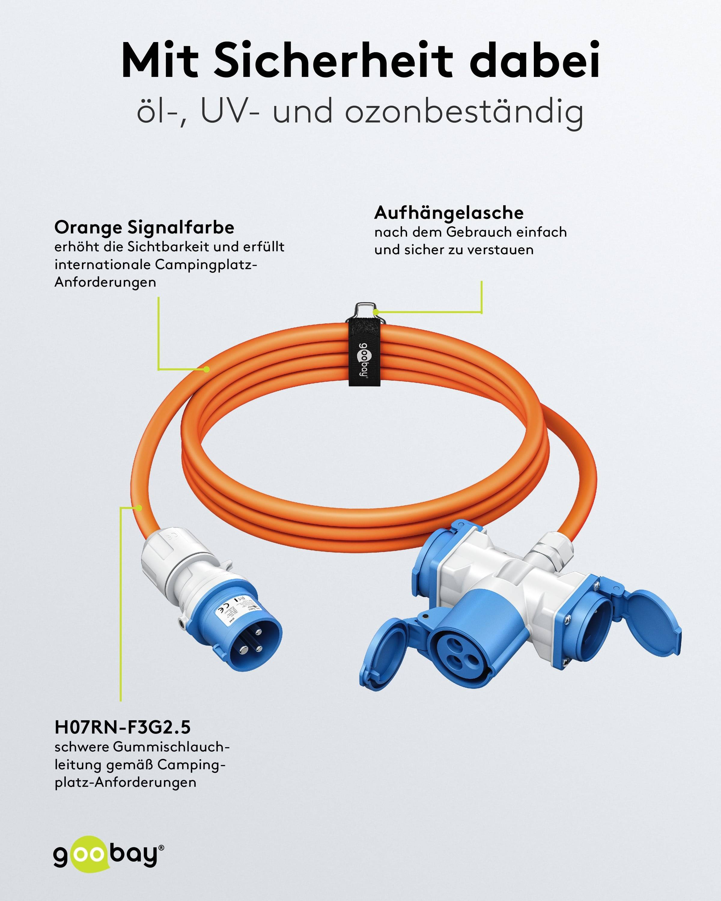 GOOBAY CEE-Adapterkabel 76266, 10 m, Stecker zu Kupplung + 2x Schutzkontaktkupplung