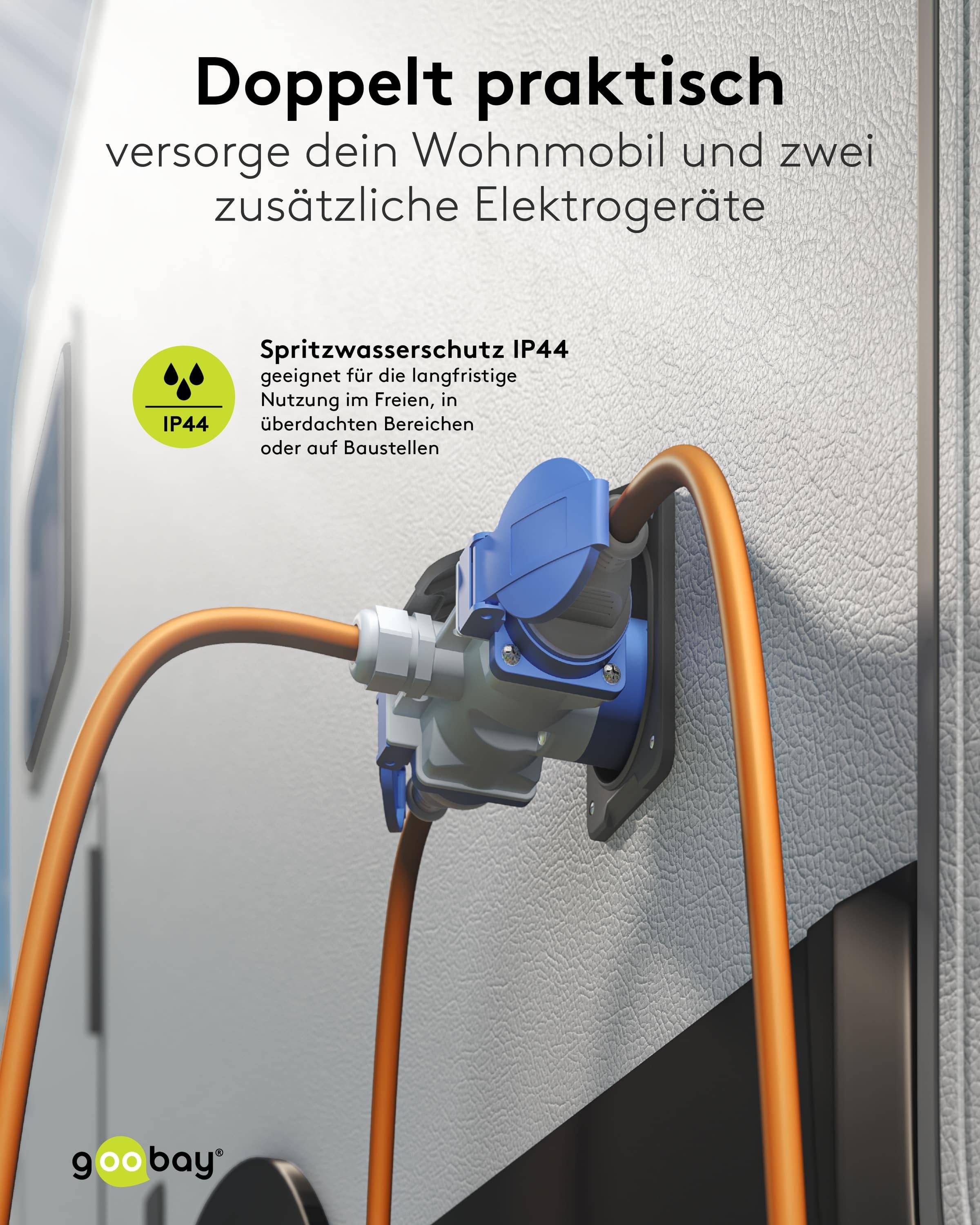 GOOBAY CEE-Adapterkabel 76231, 1,5 m, Stecker zu Kupplung + 2x Schutzkontaktkupplung