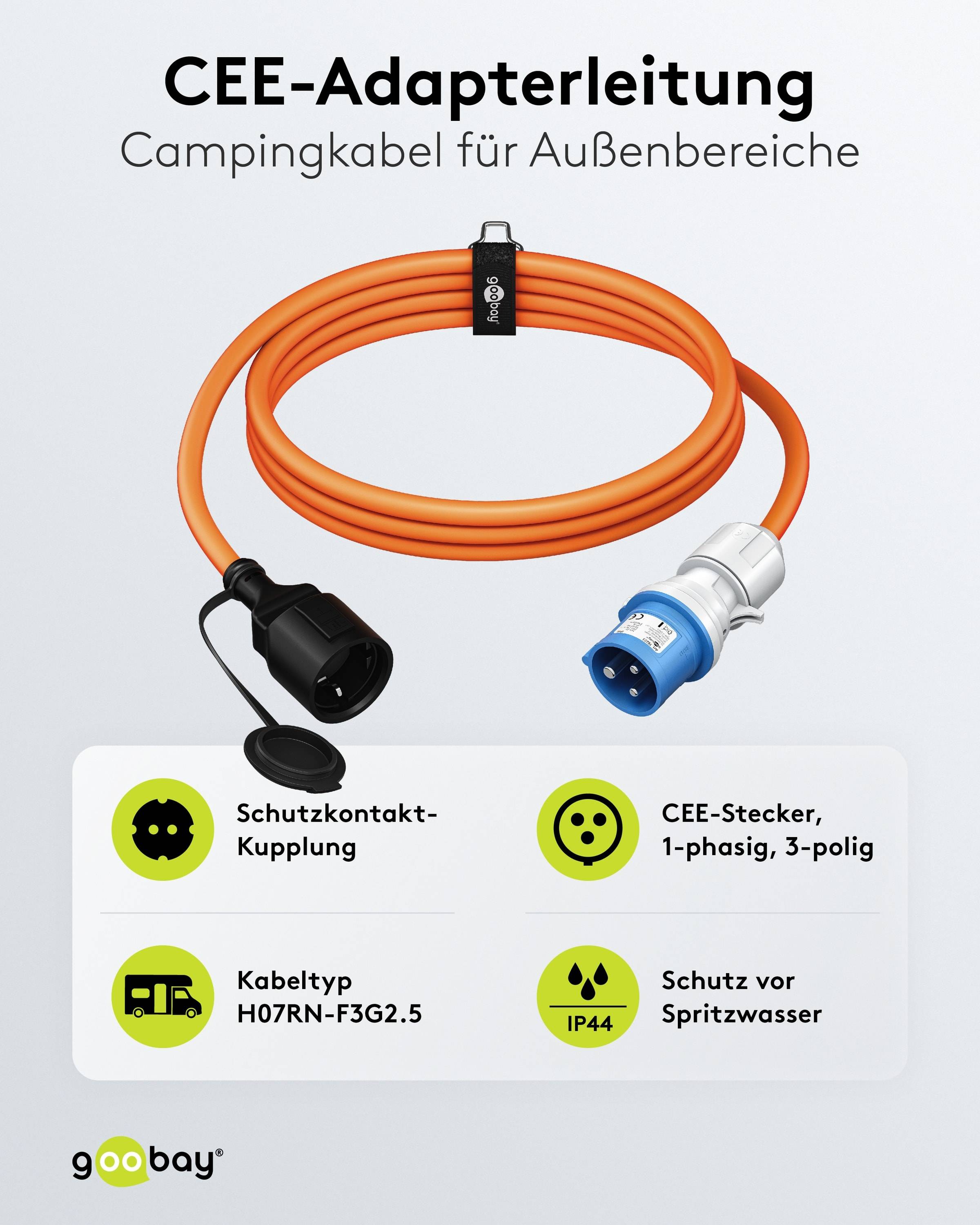 Campingkabel für Außenbereiche': Orange Verlängerungskabel mit Schutzkontakt-Kupplung und CEE-Stecker. Merkmale: Kabeltyp H07RN-F3G2.5, einphasig, dreipolig, IP44 Spritzwasserschutz.