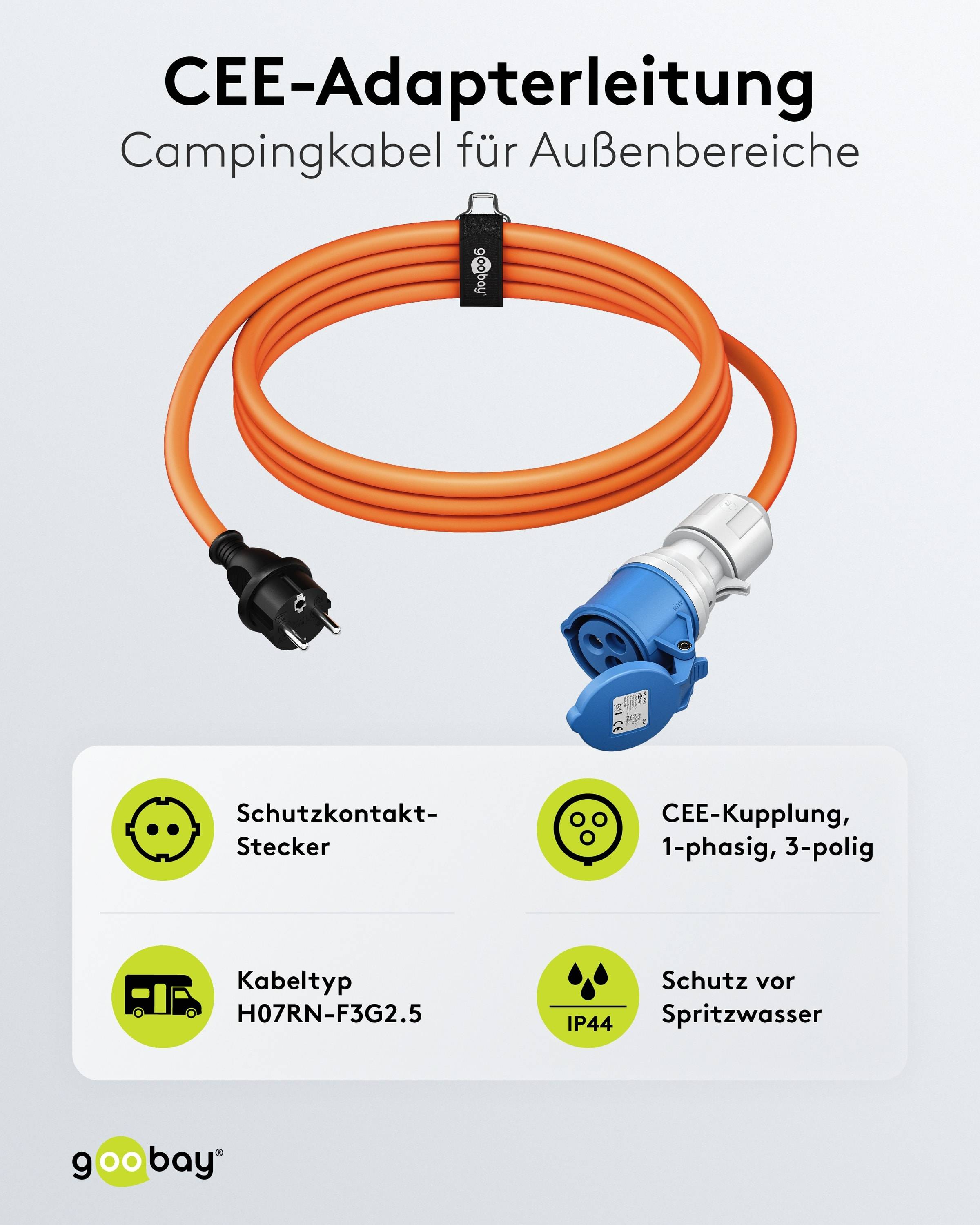 GOOBAY CEE-Adapterkabel 76185, 1,5 m, Stecker zu Schutzkontakt Stecker