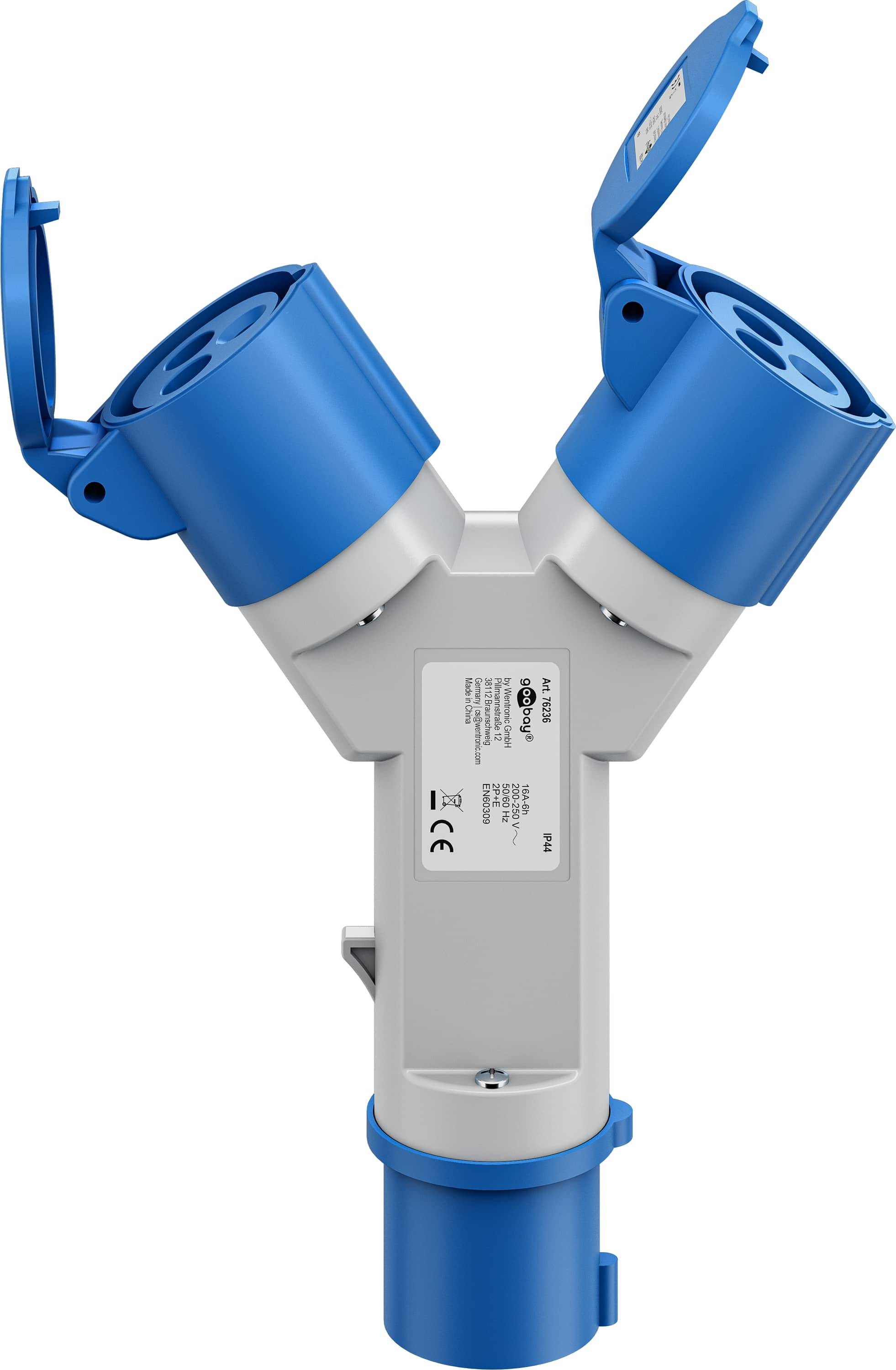 Elektrostecker mit Y-förmigem Design, zwei blaue Buchsen oben, verwendet zum Aufteilen der elektrischen Stromversorgung für mehrere Geräte.