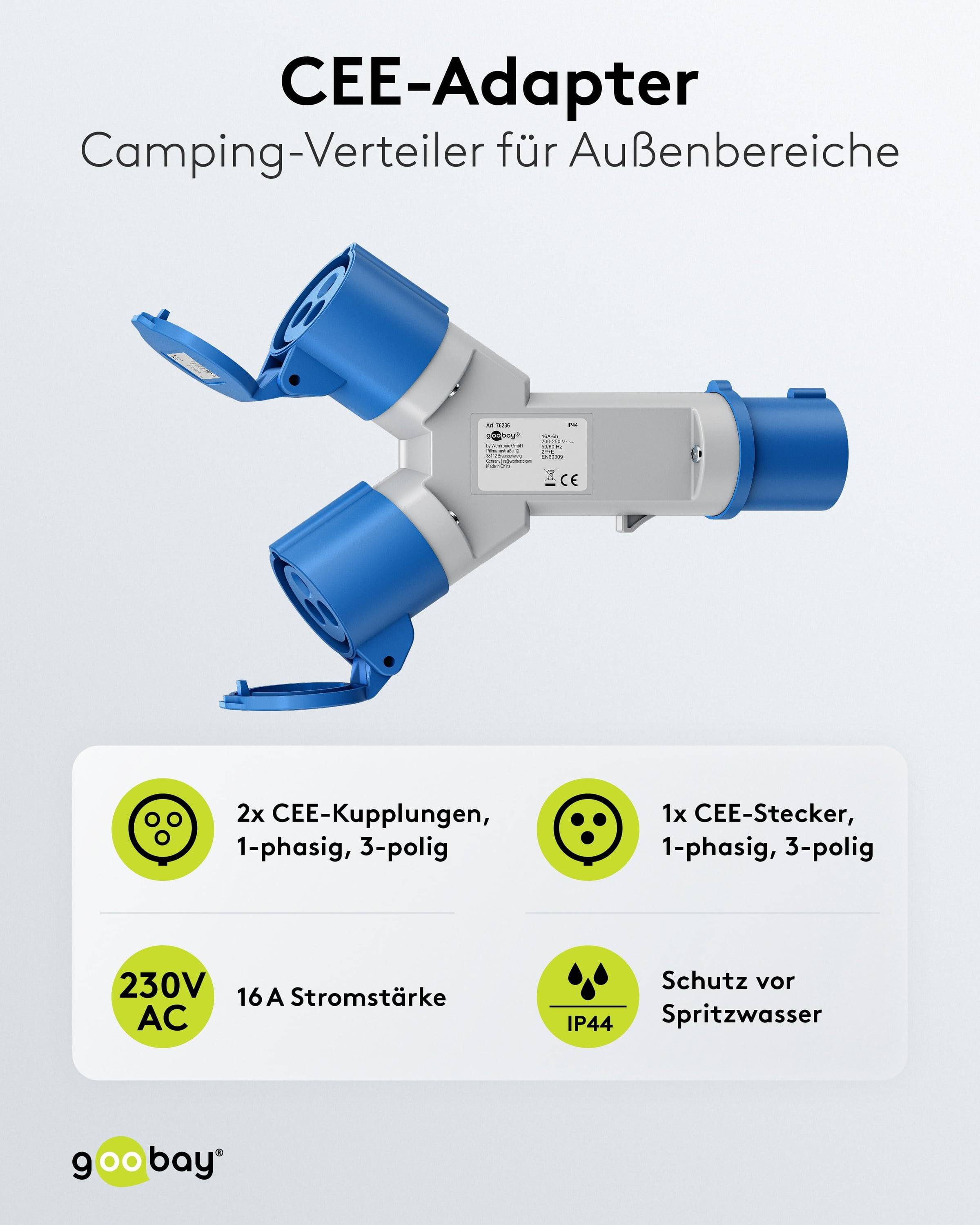 GOOBAY CEE-Adapter Y, 76236, Stecker zu 2x Kupplung