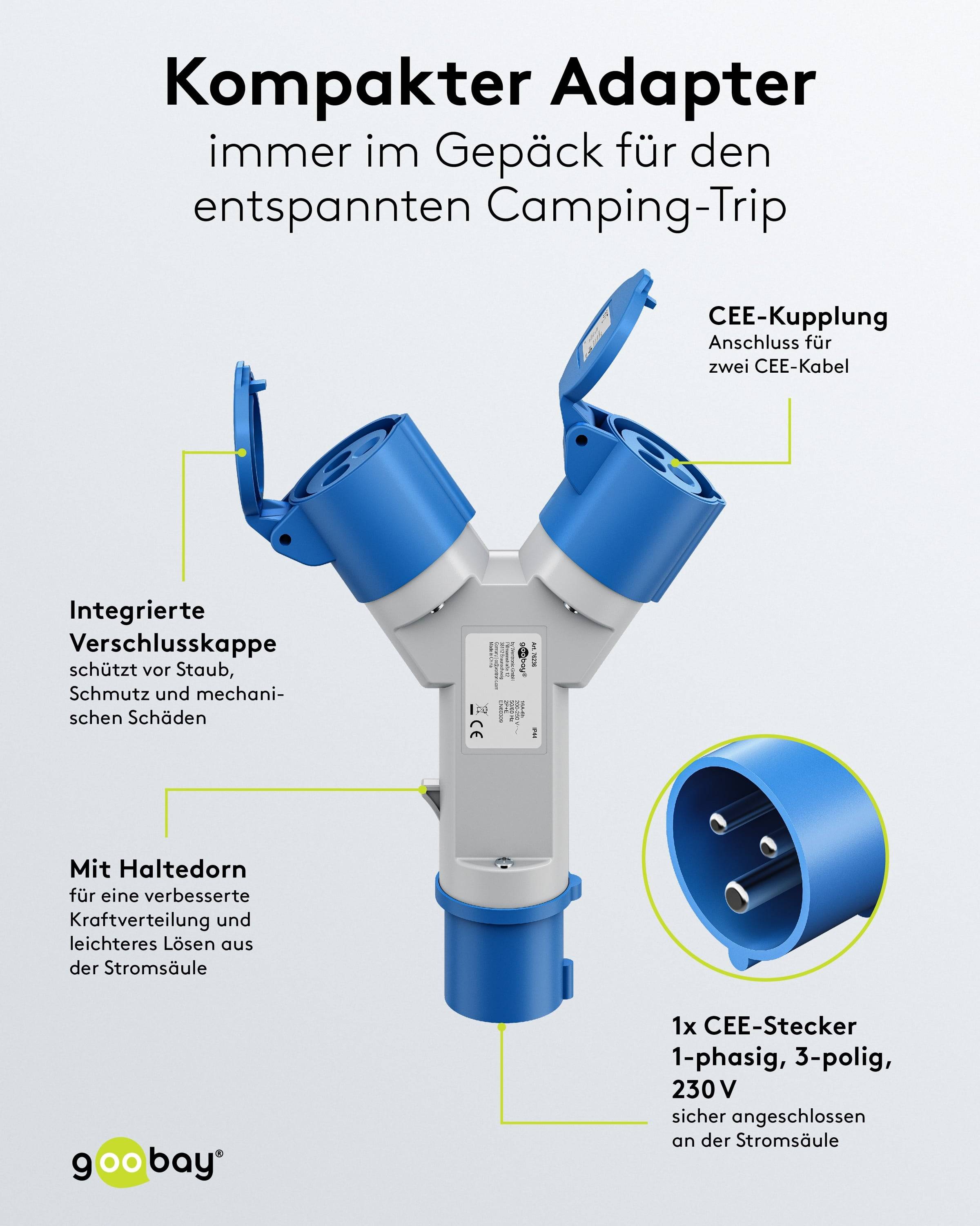 GOOBAY CEE-Adapter Y, 76236, Stecker zu 2x Kupplung