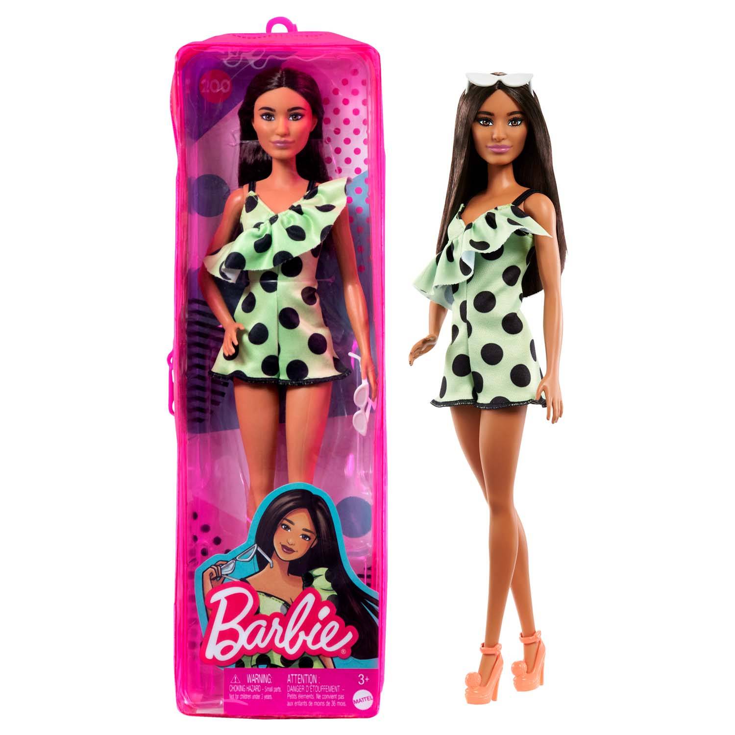 Mattel HJR99 - Barbie mit braunen Haaren und gepunktetem Jumpsuit
