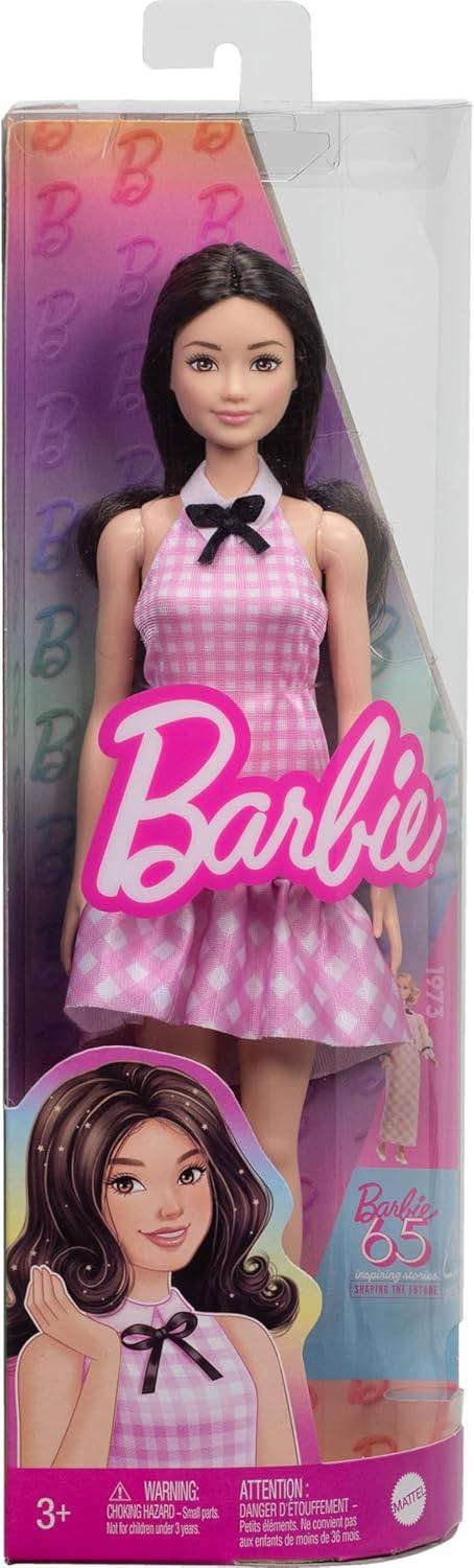 Mattel FBR37; HRH21 - Barbie Fashionista Puppe mit schwarzen Haaren, rosa Gingham-Kleid