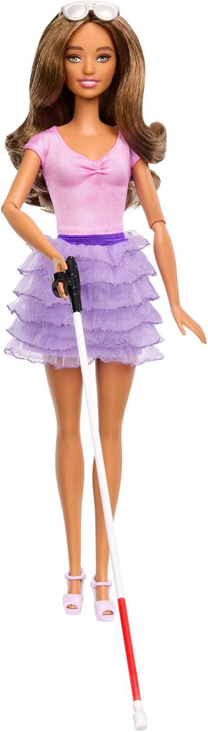Barbie Fashionistas blinde Puppe Rock mit Rüschen Blindenstock Sonnenbrille