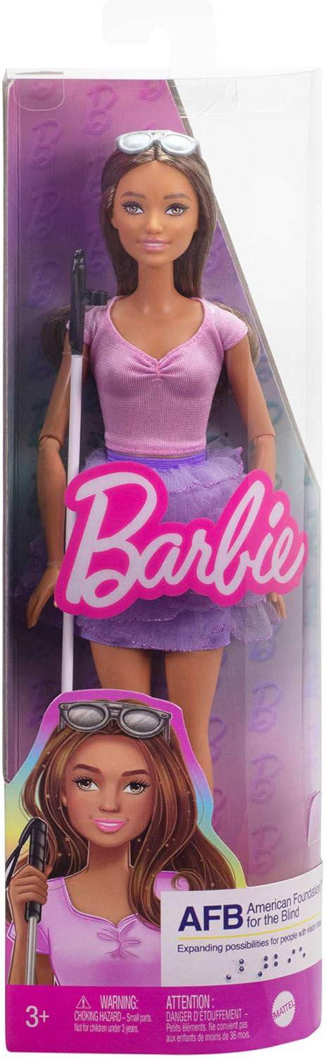 Barbie Fashionistas blinde Puppe Rock mit Rüschen Blindenstock Sonnenbrille