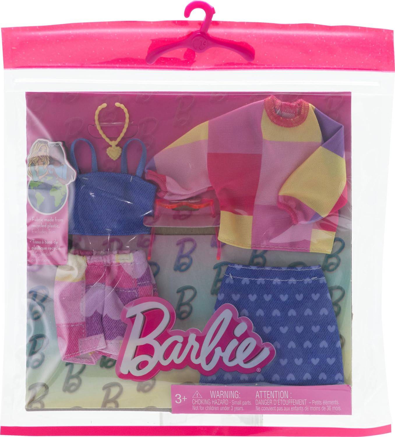 Mattel GWF04; HRH42 - Barbie Fashions 2er-Pack - Pinke Bluse und Short + Blaues Top und Rock mit Herzmuster