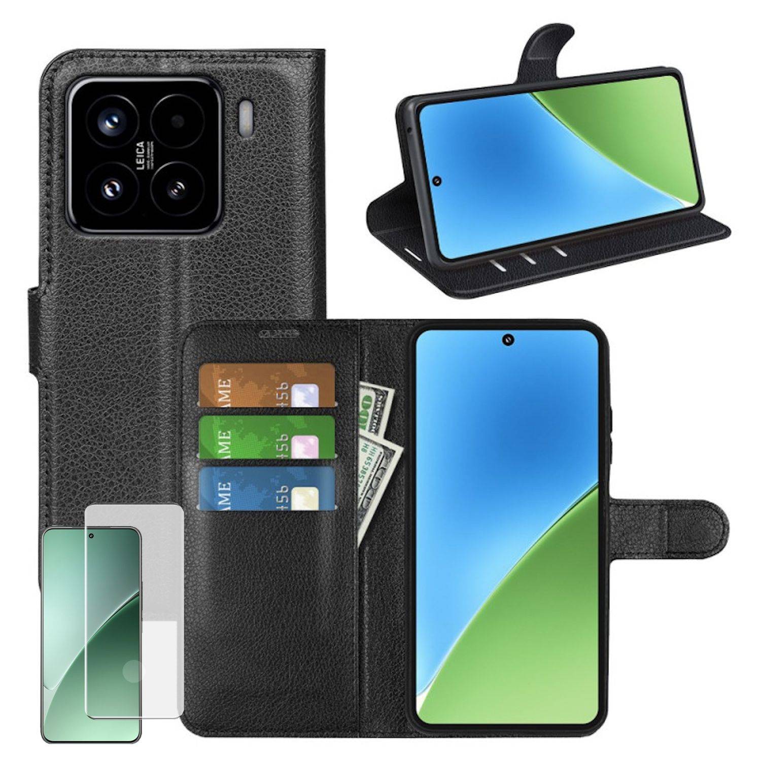 Für Xiaomi 15 Pro Handy Tasche Schwarz Etuis Kunst-Leder Hülle Case + 4D Curved H9 Hart Glas