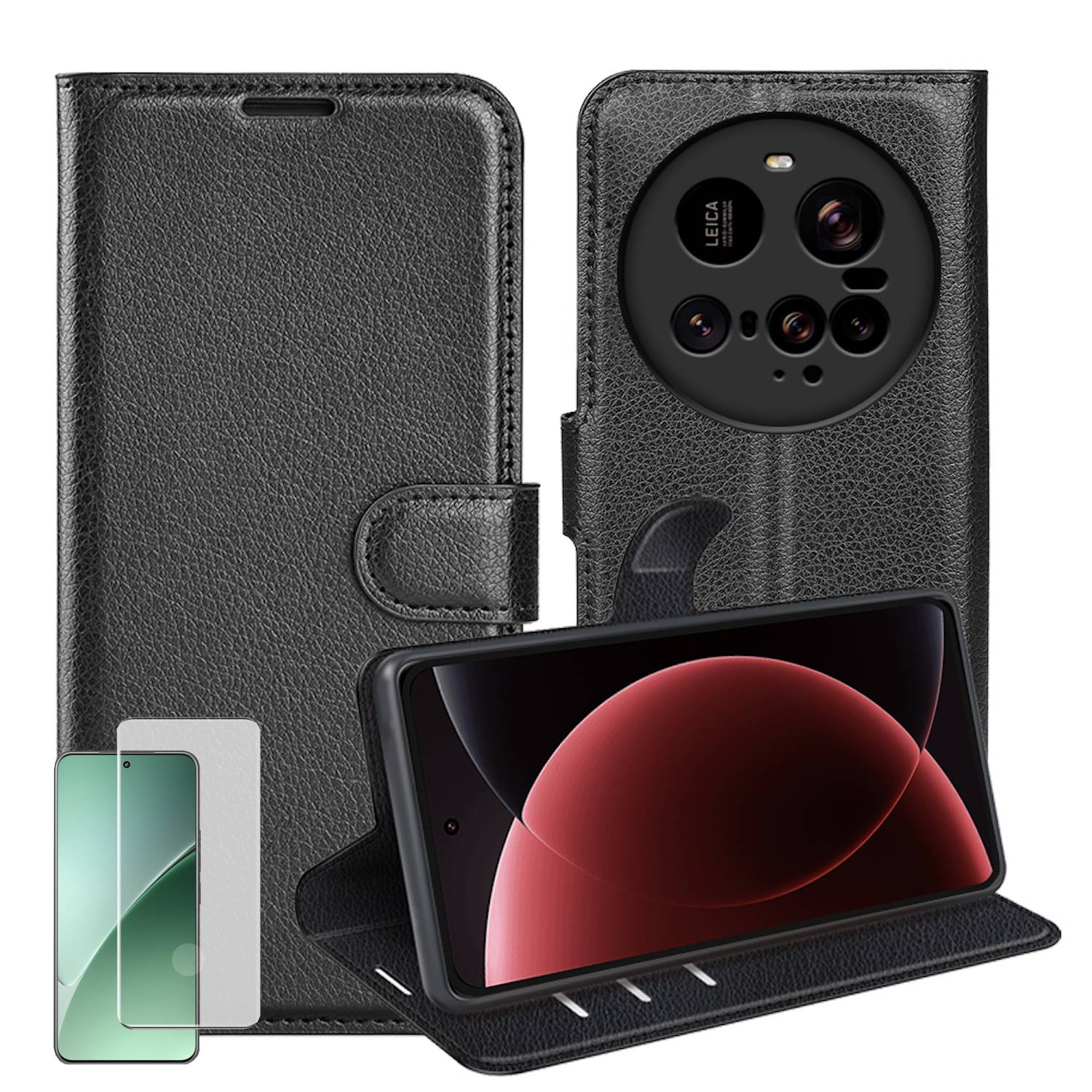 Für Xiaomi 15 Ultra Handy Tasche Schwarz Etuis Kunst-Leder Hülle Case + 4D Curved H9 Hart Glas