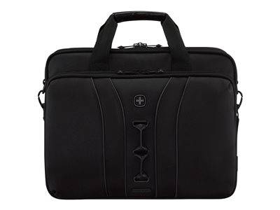 Eine schwarze Laptoptasche mit Griff und Schultergurt, mit einem Schweizer Kreuz-Logo auf der Vorderseite.