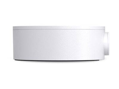 Ein elegantes, weißes, kreisförmiges Smart-Home-Gerät mit minimalistische Auslegung, dargestellt aus einer seitlichen Ansicht.