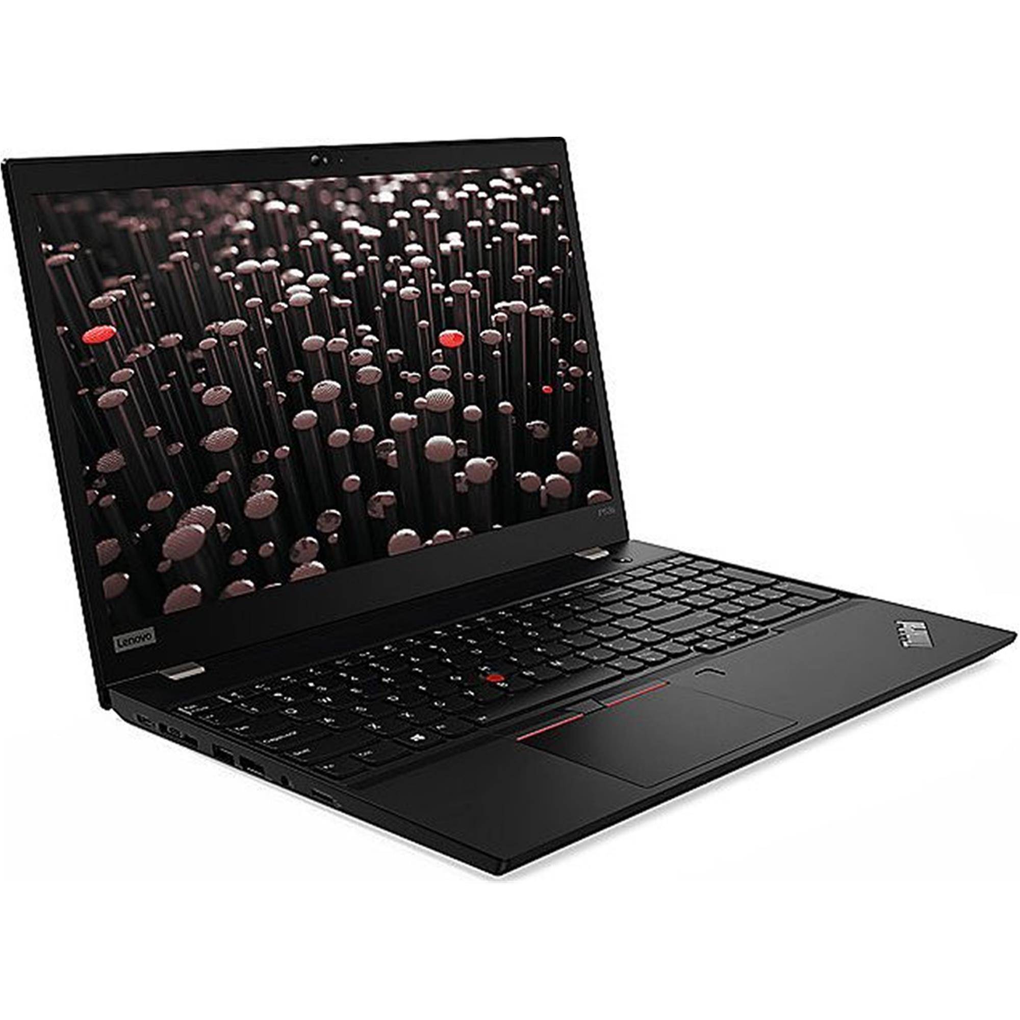 Schwarzer Lenovo-Laptop auf weißem Hintergrund, mit sichtbarer Tastatur und Trackpad sowie einem Muster von schwebenden Kugeln auf dem Bildschirm.