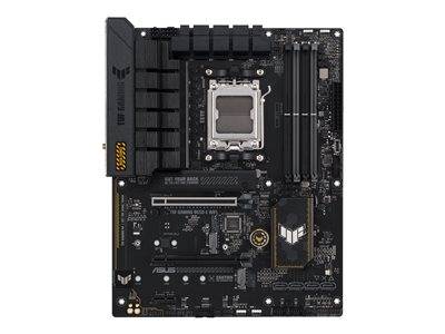 Eine schwarze Computer-Hauptplatine mit mehreren Steckplätzen und Anschlüssen, beschriftet mit 'TUF Gaming', mit einem hervorgehobenen CPU-Sockel und Kühlkörpern.