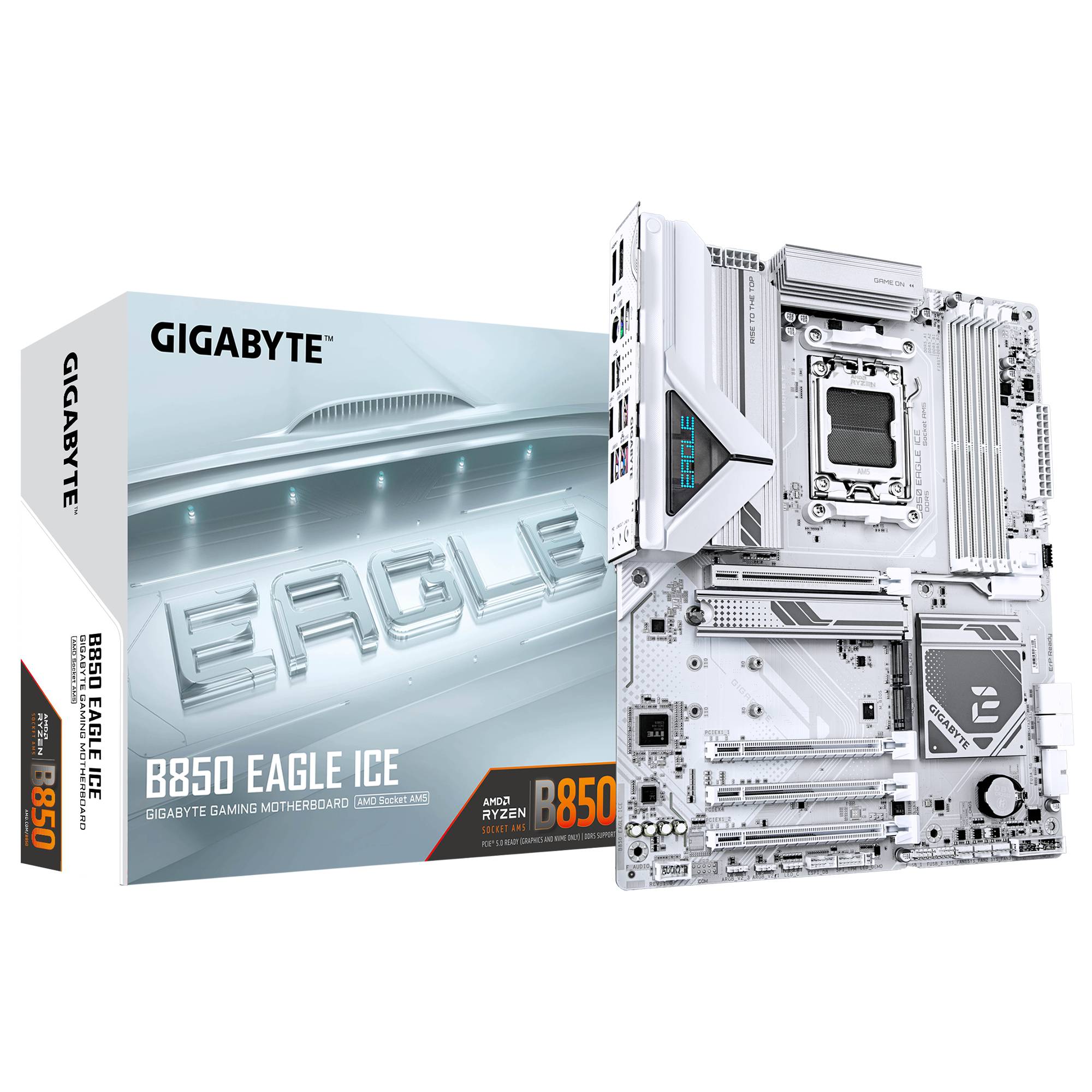 Gigabyte B850 Eagle ICE Gaming-Motherboard mit seiner Einzelhandelsverpackung dargestellt, weißes ATX-Board mit AMD Ryzen und B850-Branding.