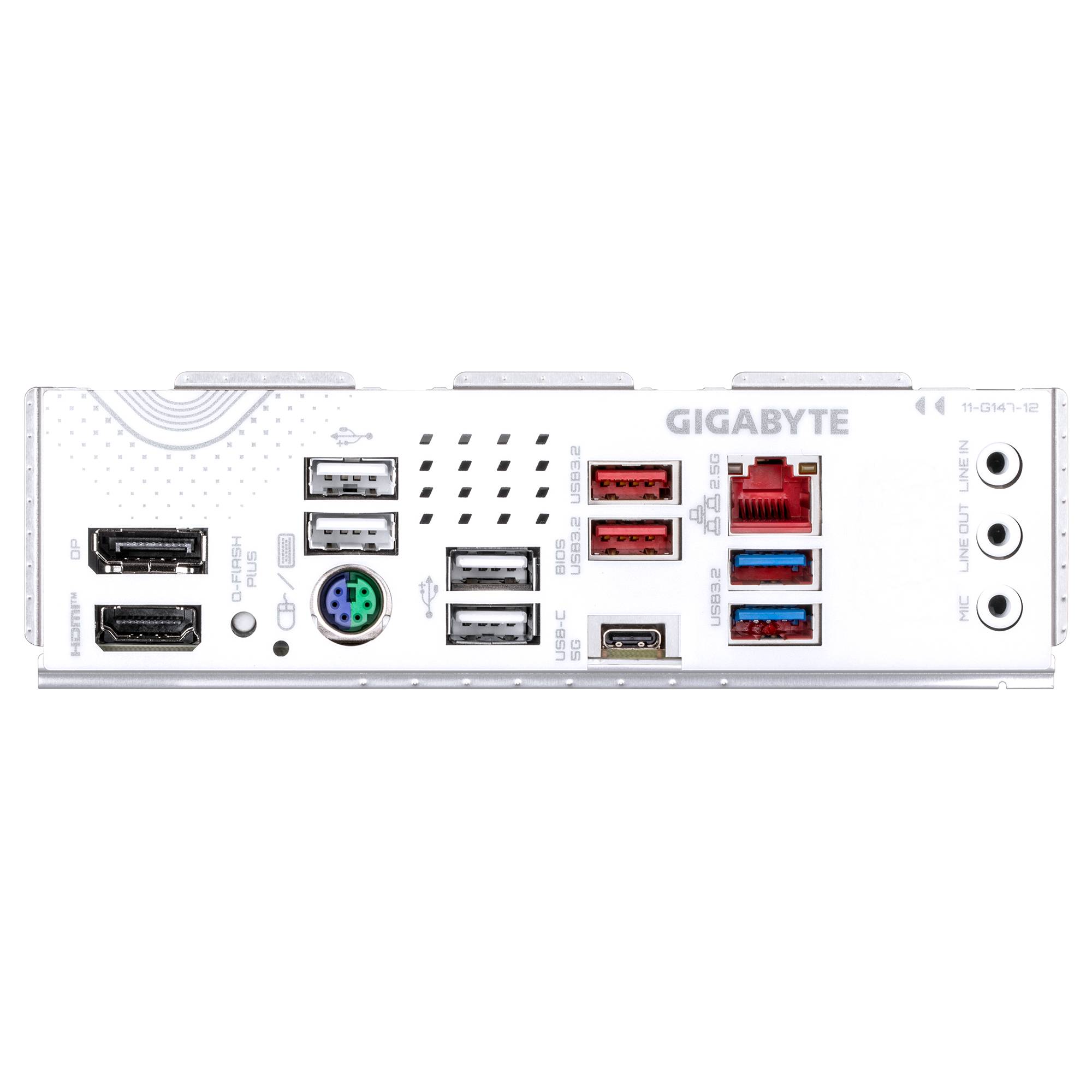 Gigabyte-Motherboard-Rückseiten-E/A-Panel mit mehreren USB-, Video-, Ethernet-, Audio- und PS/2-Anschlüssen.