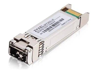 Ein silberner SFP-Modul mit der Bezeichnung ‚Zyxel SFP-25G-LR'. Er verfügt über einen Anschluss für Glasfaserkabel und wird in Netzwerkkommunikationsgeräten eingesetzt.
