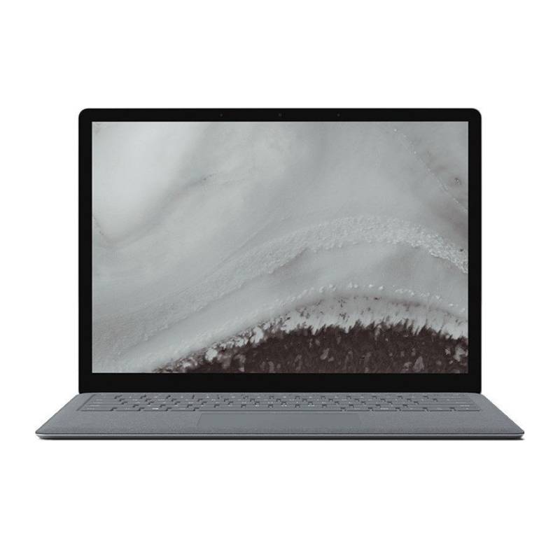 Ein Laptop mit elegantem Design und silberner Außenseite wird gezeigt. Der Bildschirm zeigt ein minimalistisches abstraktes Grau-Weiß-Design.