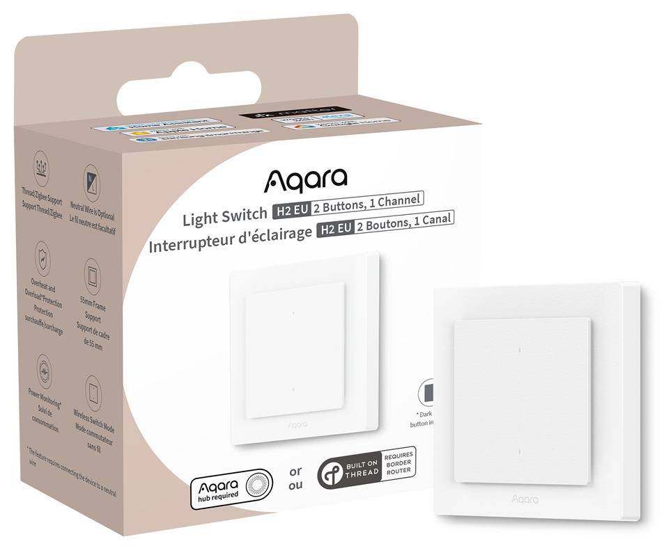Aqara Light Switch H2 EU, 2 Button, 1 Channel, Matter, Thread, Zigbee, Strommessung