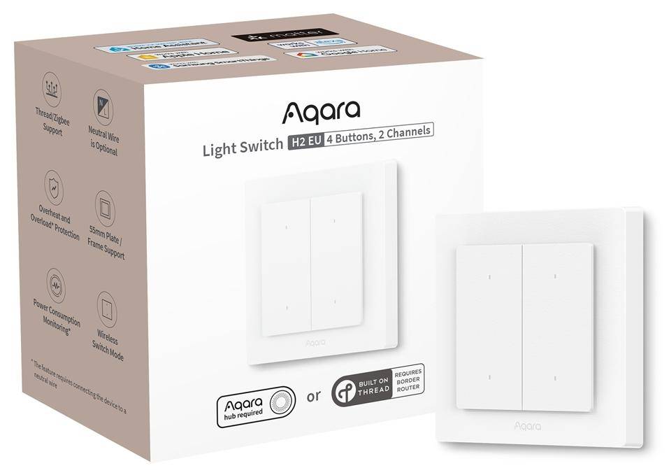 Aqara Light Switch H2 EU, 4 Button, 2 Channel, Matter, Thread, Zigbee, Strommessung, 3V