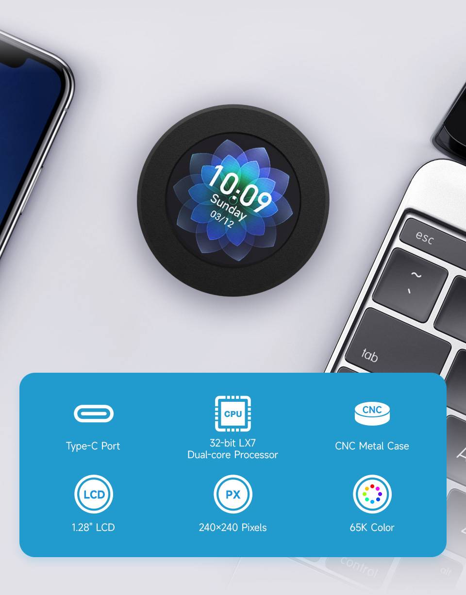 WaveShare ESP32-S3 Development Board with 1.28inch IPS Round LCD CNC Metal Case