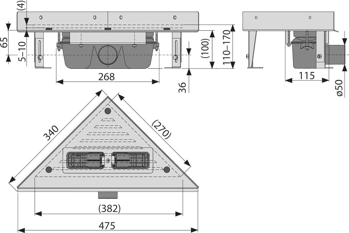 Alcadrain ARZ1 Eckbodenablauf ohne Rand für den perforierten Eckrost