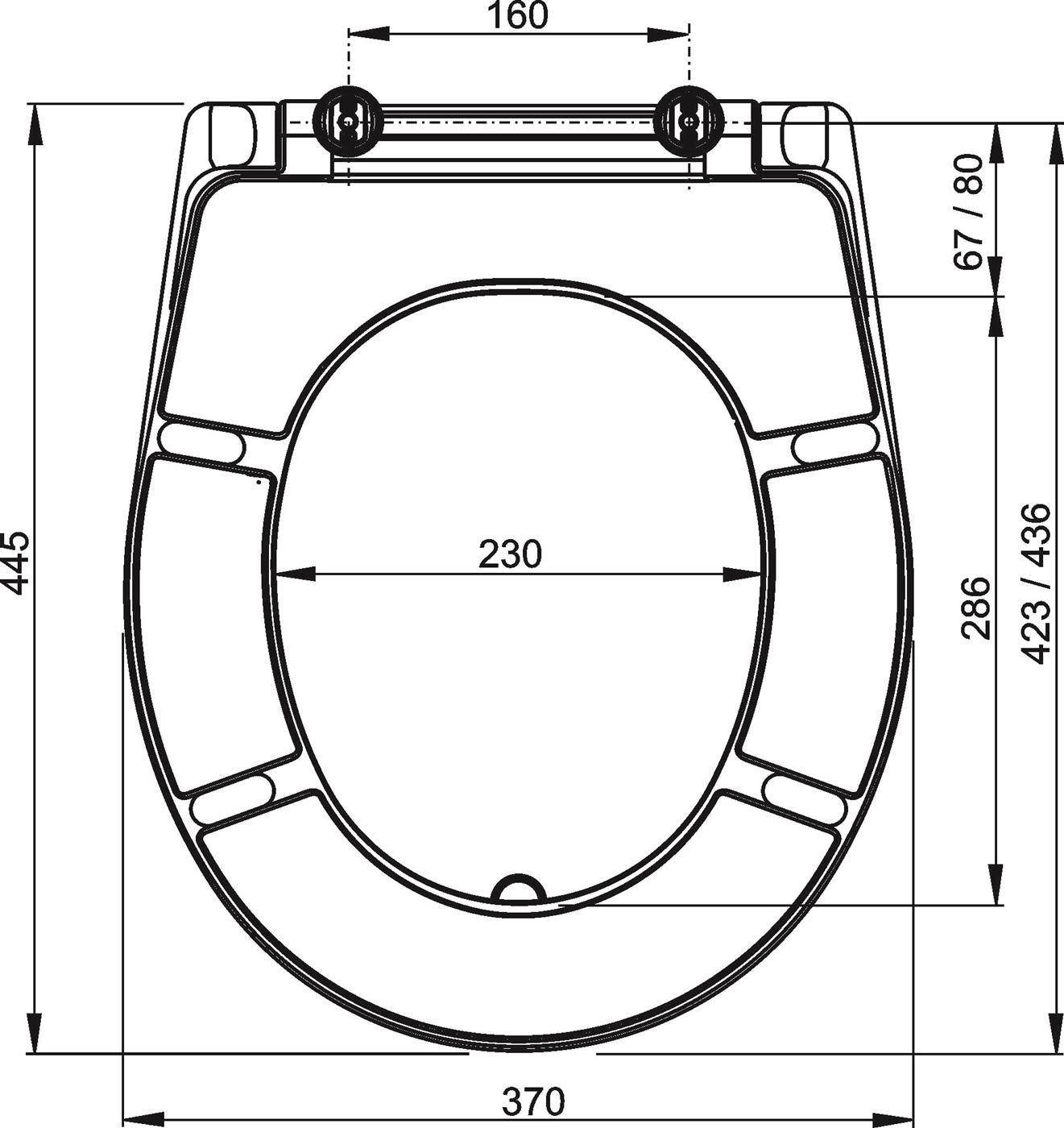 Technische Linienzeichnung eines Toilettensitzes mit beschrifteten Abmessungen von 445, 370, 230, 160, 436, 423, 286, 67 und 80 mm.