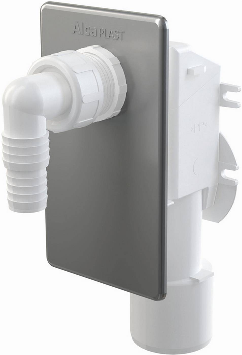 Weißer Kunststoff-Wandablauf mit Rohrbogen, der durch ein graues rechteckiges Abdeckpanel verläuft